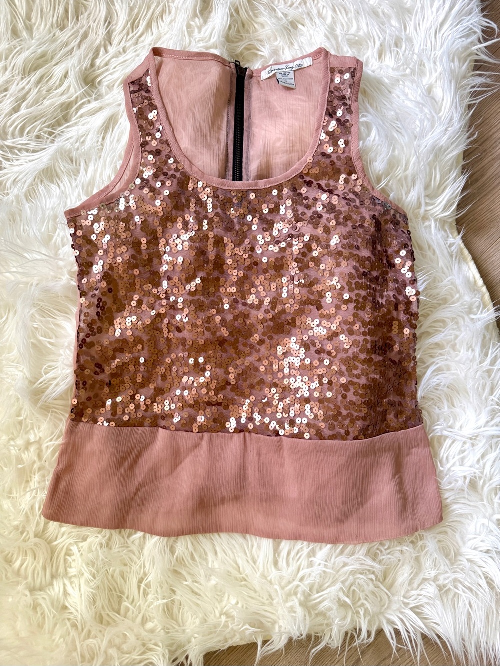 2008 Shimmer American Rag Rose Gold Sequin & Chiffon Tank